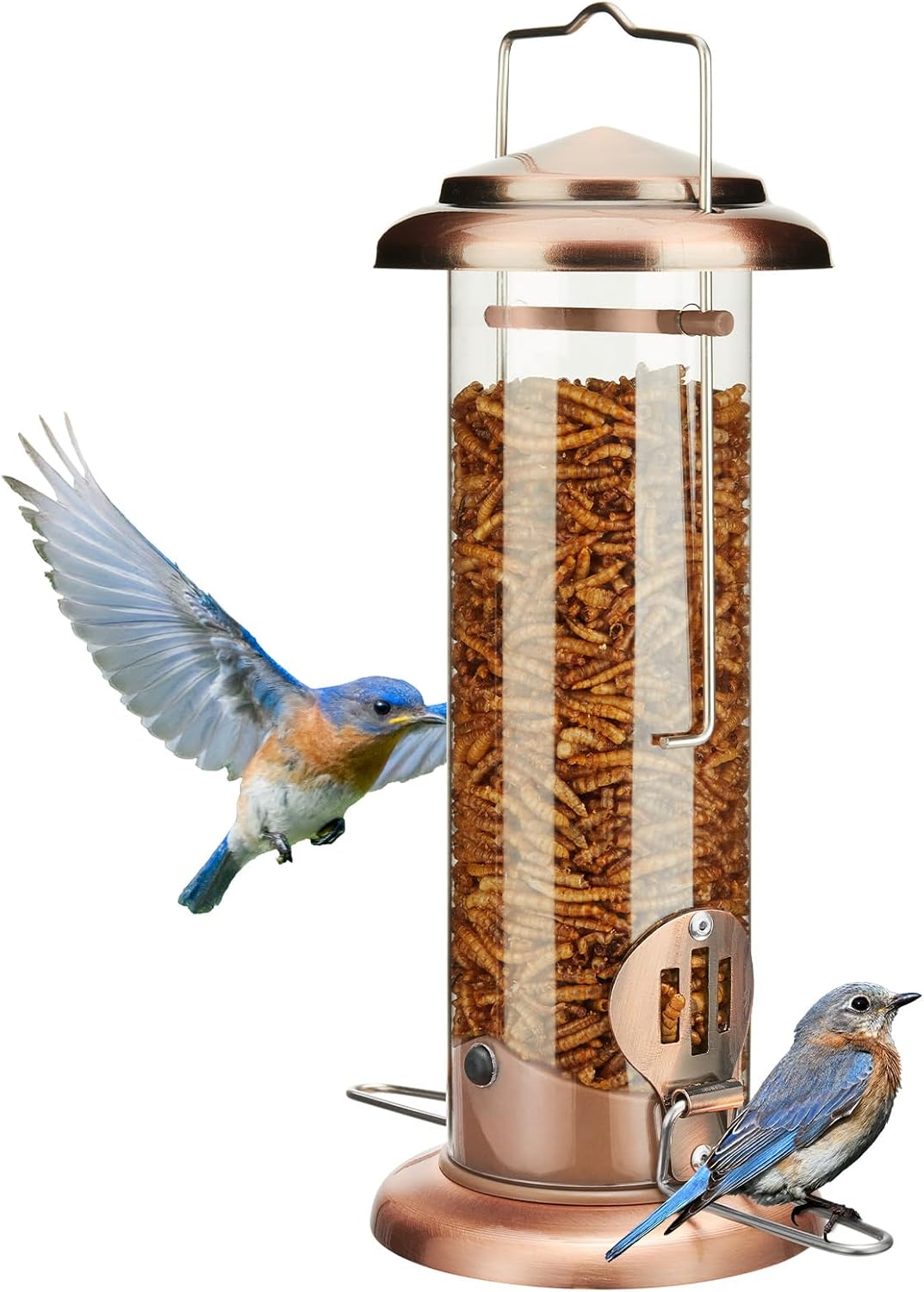 Kingsyard Upgraded Bluebird Feeder for Outdoors Hanging, Metal Mealworm Tube Bird Feeder with Widen Perch for Wild Birds, Squirrel Chew Proof, Easy to Refill & Clean(Copper)
