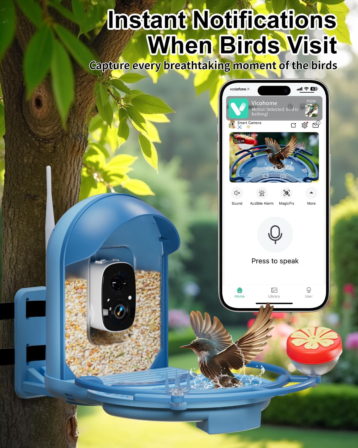 Bird Feeder with Camera, 2K HD Camera Birds Feeder with Bath Wireless Outdoor, Solar Powered Bird Watching with APP Control, Night Vision, Motion Detection Alerts, IP66 Birdfeeder for Backyard, Blue