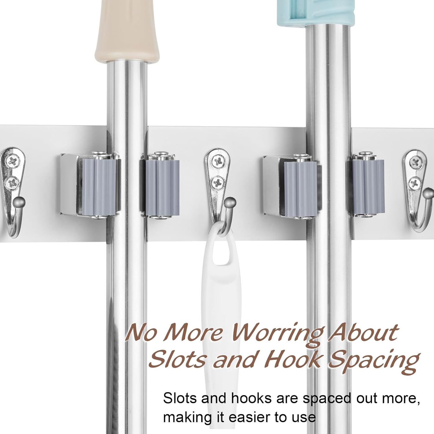2 Pack White Mop Broom Holder Wall Mount with 3 Slots & 4 Hooks - Rust