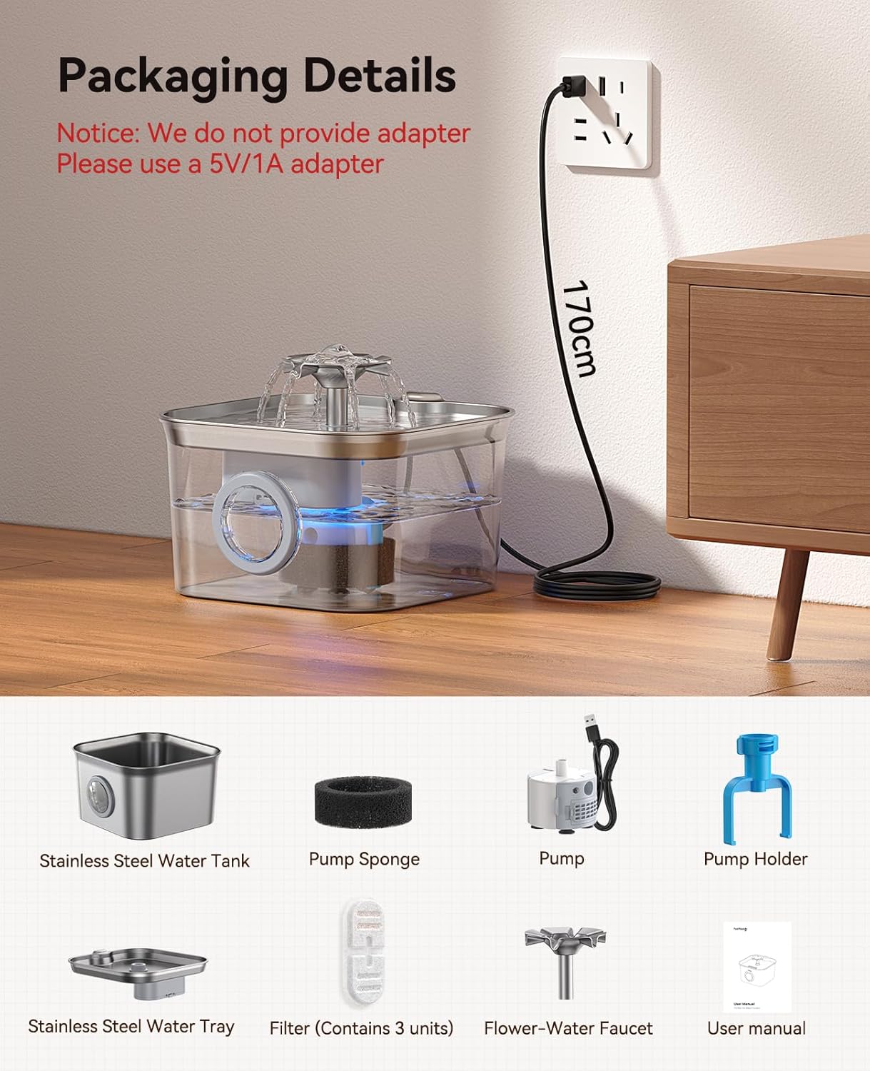 Stainless Steel Cat Water Fountain, 2.8L with 20dB Ultra-Quiet Pump- I