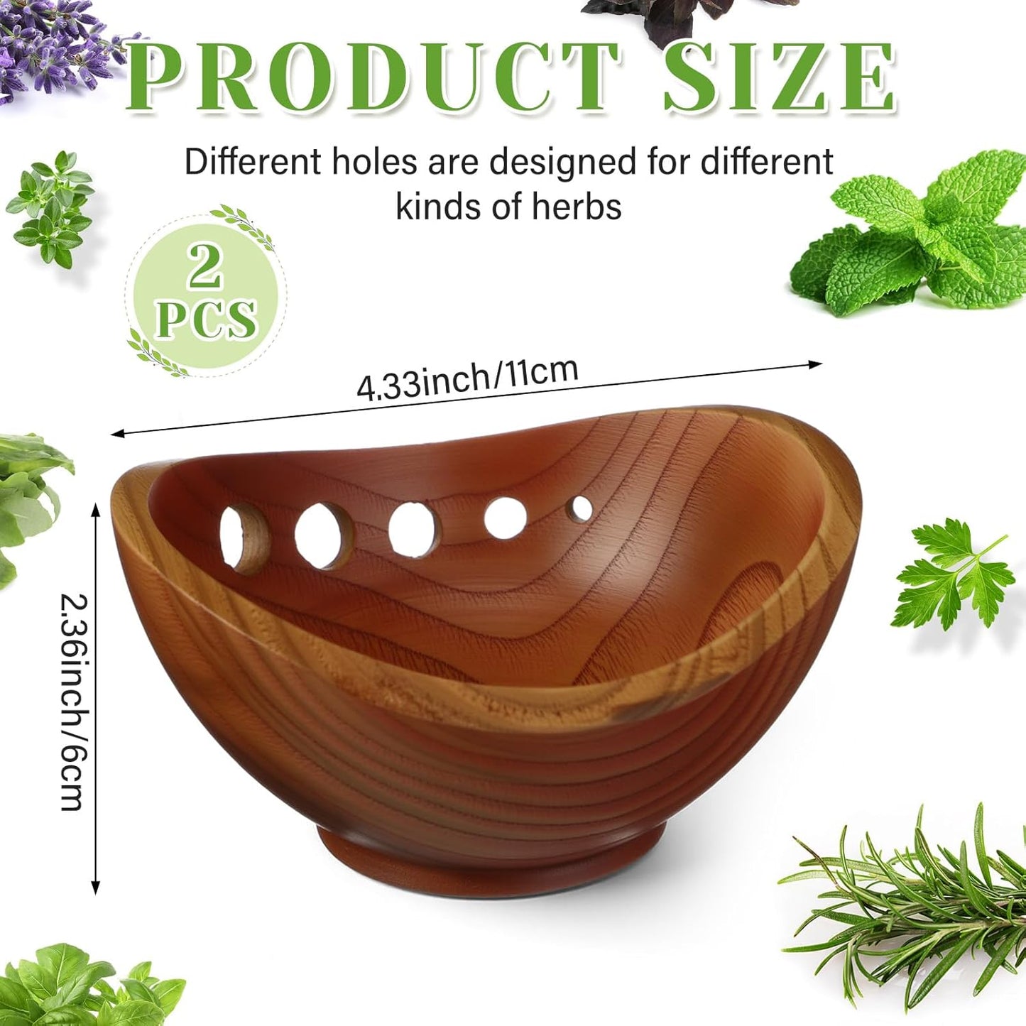 Novabright 2 Pack Wooden Herb Stripper Bowls, Wood 5 Holes Kitchen Herbs Peeling Bowl, Leaf Stripping Peeler for Separating Leaves and Stems, Salads & Cooking, Pottery Kitchen Tool