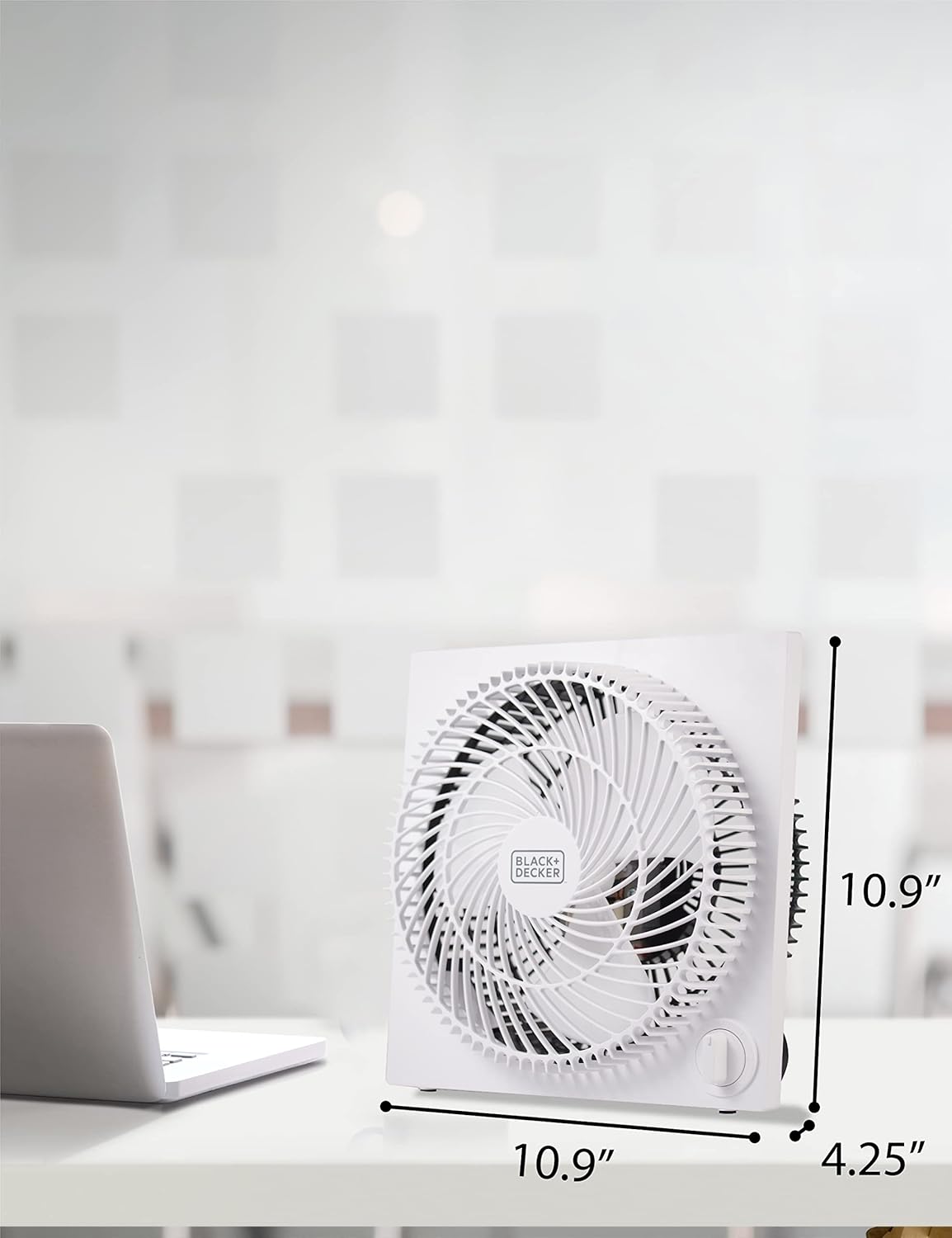 BLACK+DECKER 9-Inch Frameless Box Fan, Freestanding Desk Fan with 3-Speed Settings, Portable Fan for Home Office or Garage, BFB09W, White