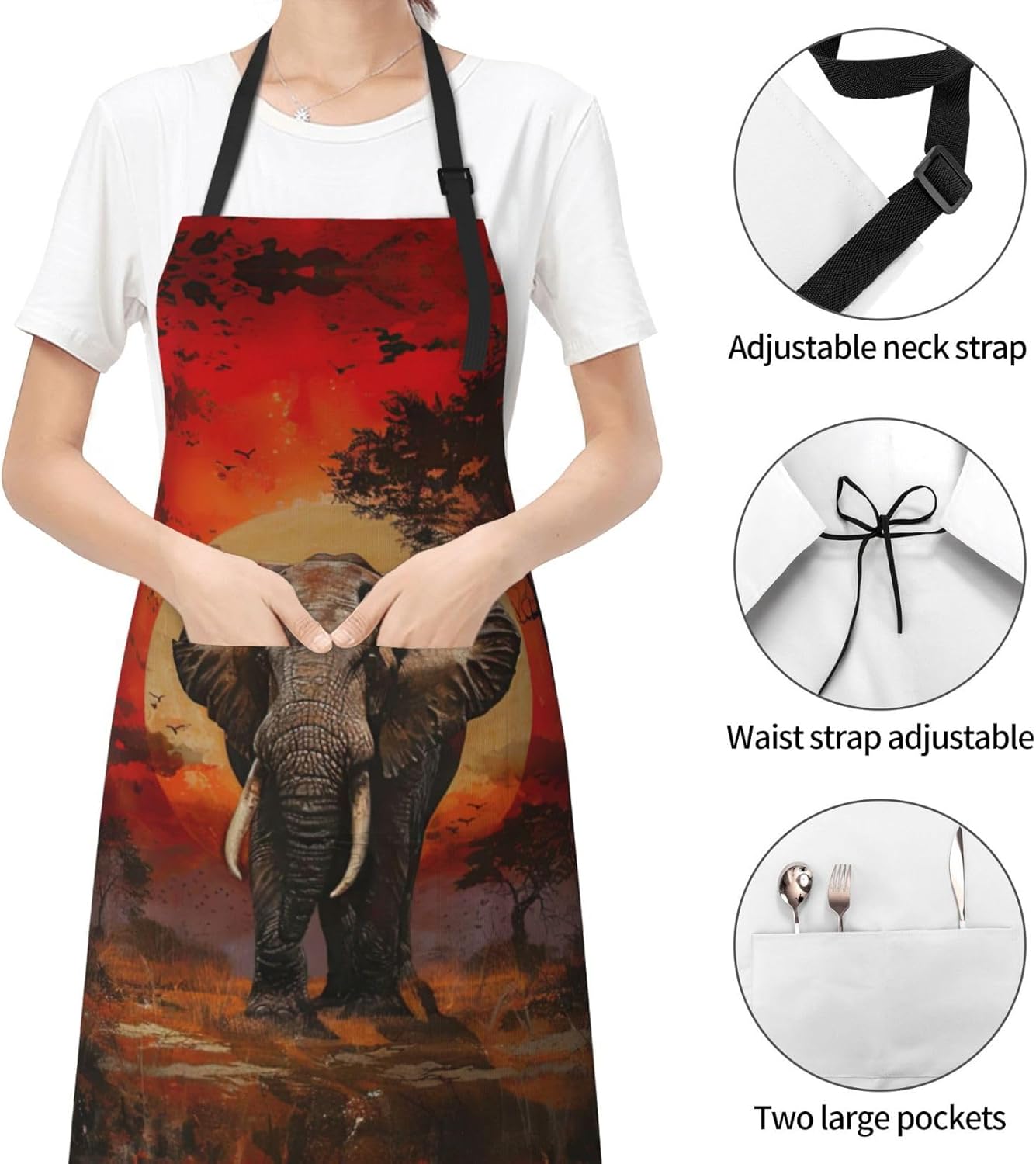 Elephant Sunset print Waterproof chef's apron with pocket apron for kitchen cooking baking barbecue and gardening