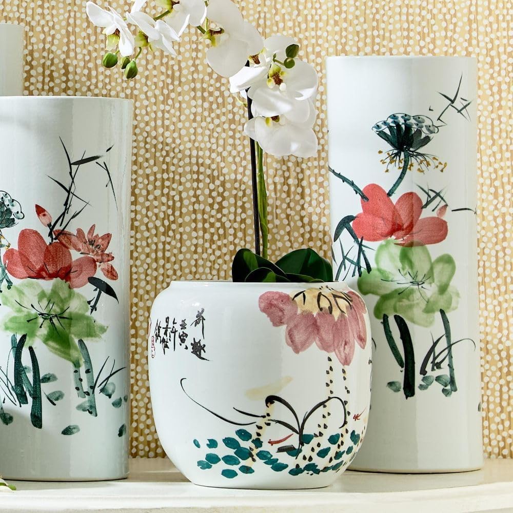 Two's Company Japanese Flower Blossoms Planter- Hand-Painted Porcelain, 9-Inch, White, Made of Porcelain