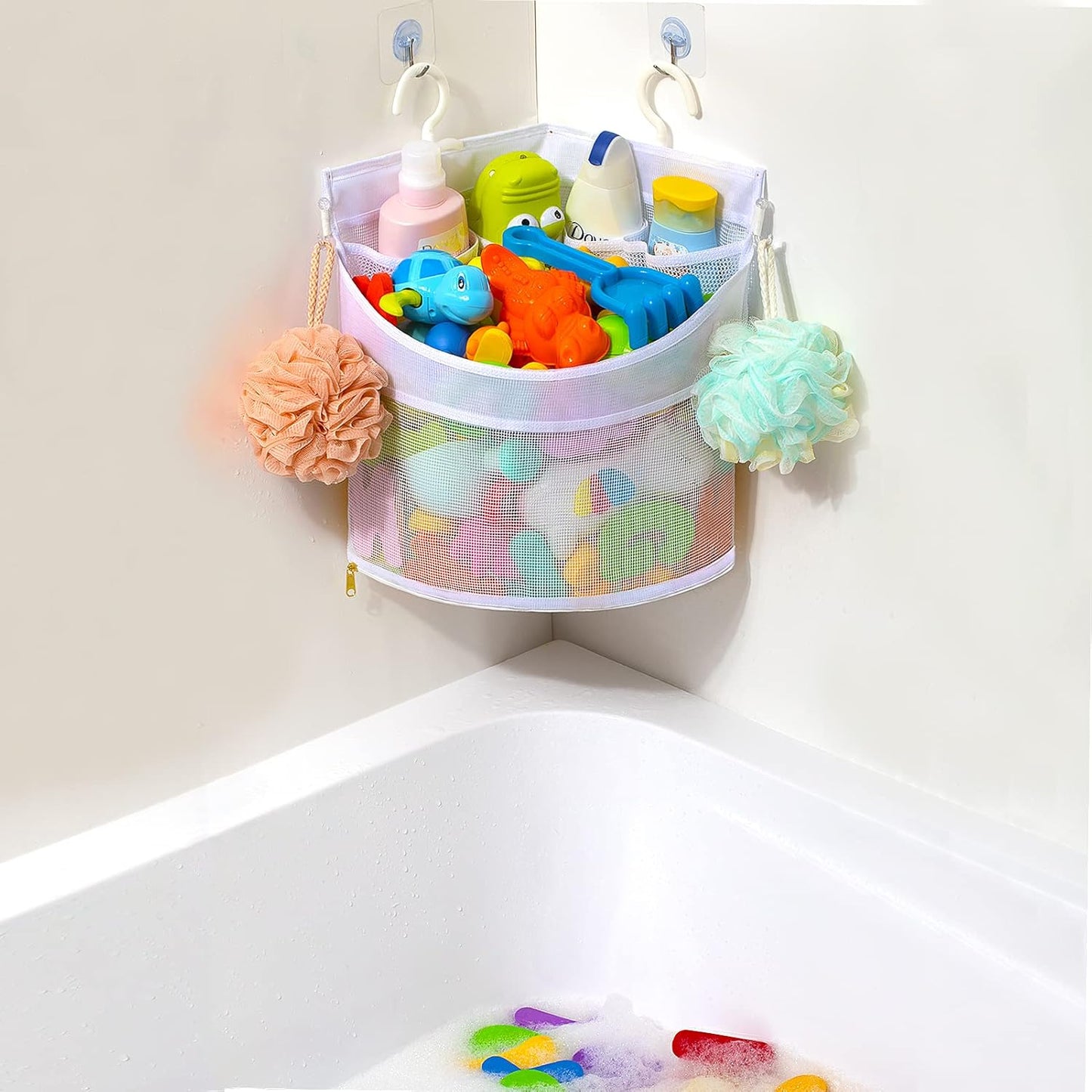 Ligereza Baby Bath Toy Organizer, Quick Drying and Mould Proof, Corner Hang-Suspension Holder, Large Capacity Multi Use Shower Caddy (White)
