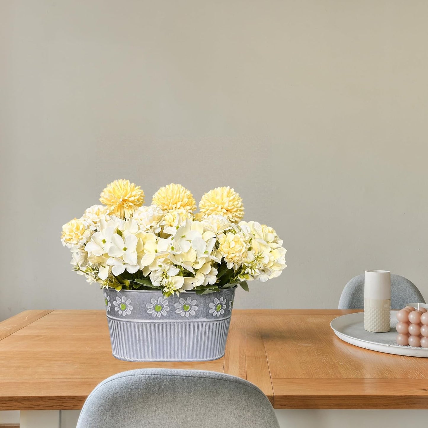 Artificial Flowers in Pot, Fake Silk Hydrangea Flower Arrangement Table Centerpiece for Home Decoration, Yellow