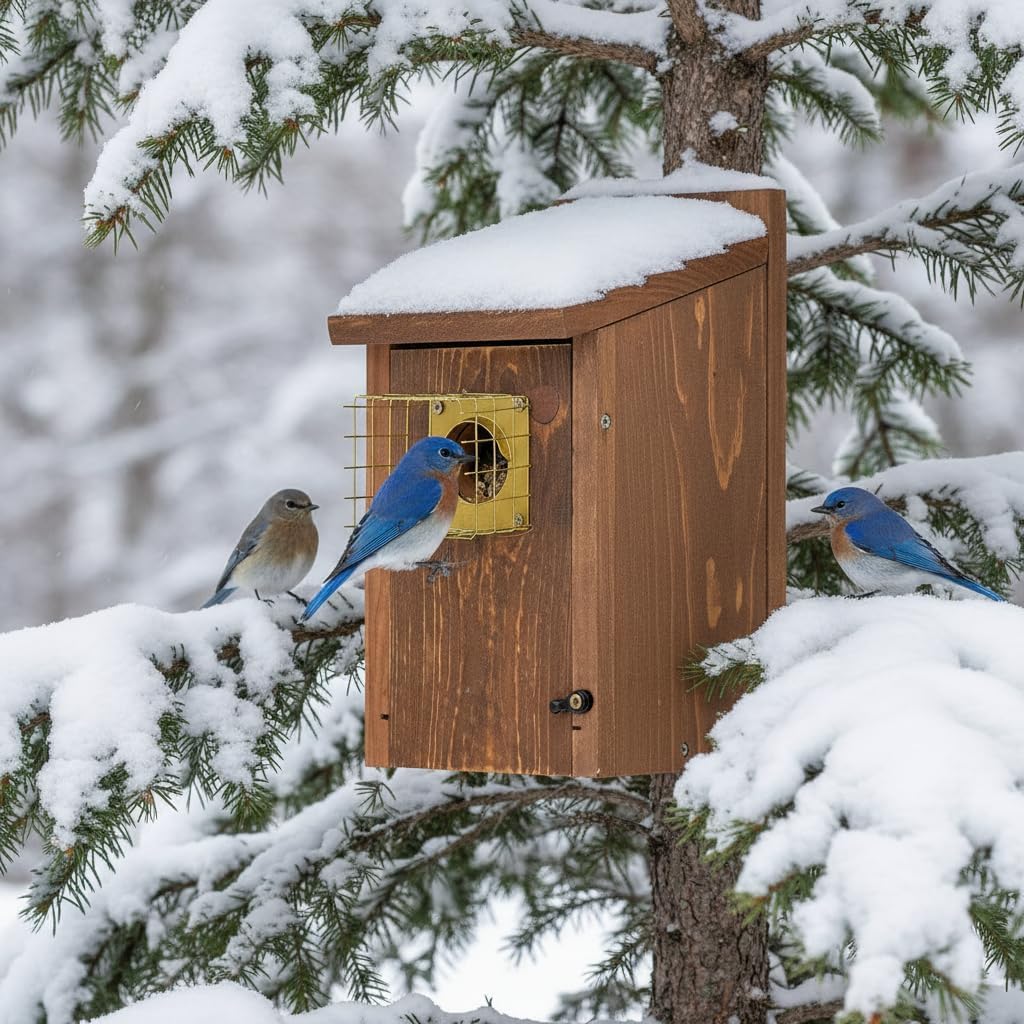 2pk Fortress Bluebird House for Outdoor Clearance - Metal Entry Cage, Mesh Base & Brass Guard - Cedar Bird House for Bluebirds, Finches, Patented Design, Weatherable 5 Years Usage, 6"x7", 2026 Updated