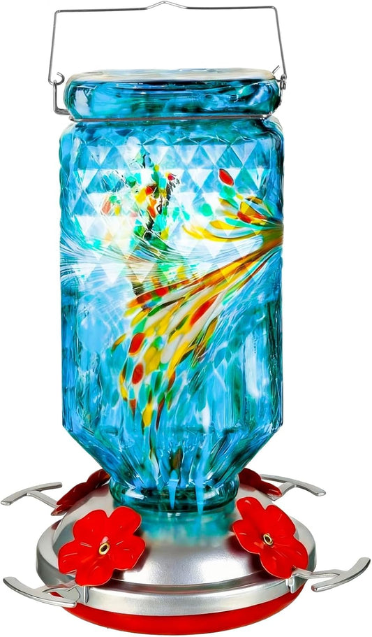 Hand Blown Glass Hummingbird Feeder for Outdoors Hanging Square Chanin