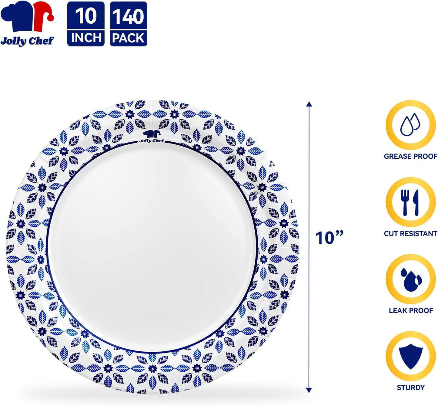 JOLLY CHEF 10 inch Disposable Paper Plates 140 Count, Soak Proof, Cut Proof, Heavy Duty Paper Plates for Everyday Use