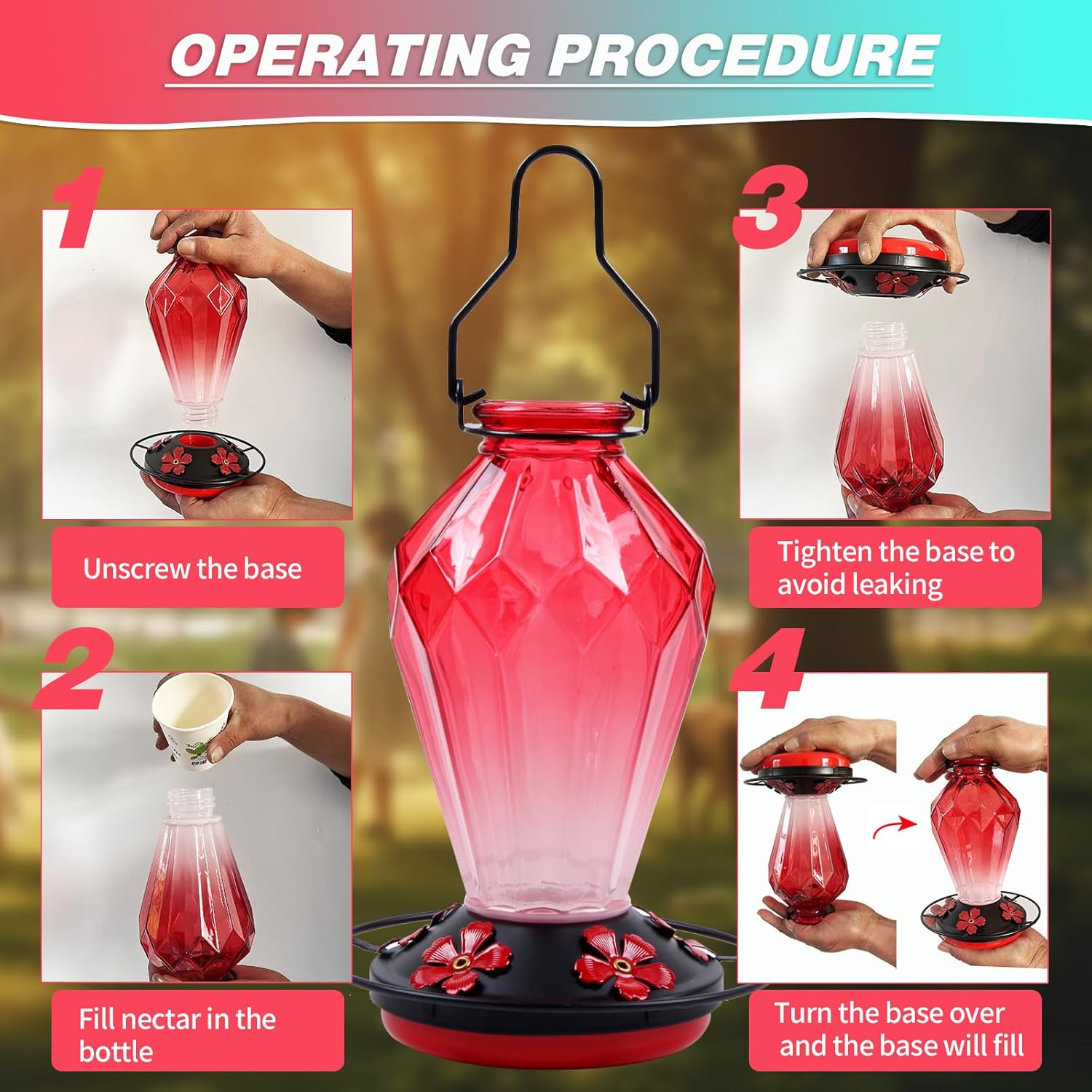 Glass Hummingbird Feeder for Outdoors Hanging, 25Oz Humming Bird Necta