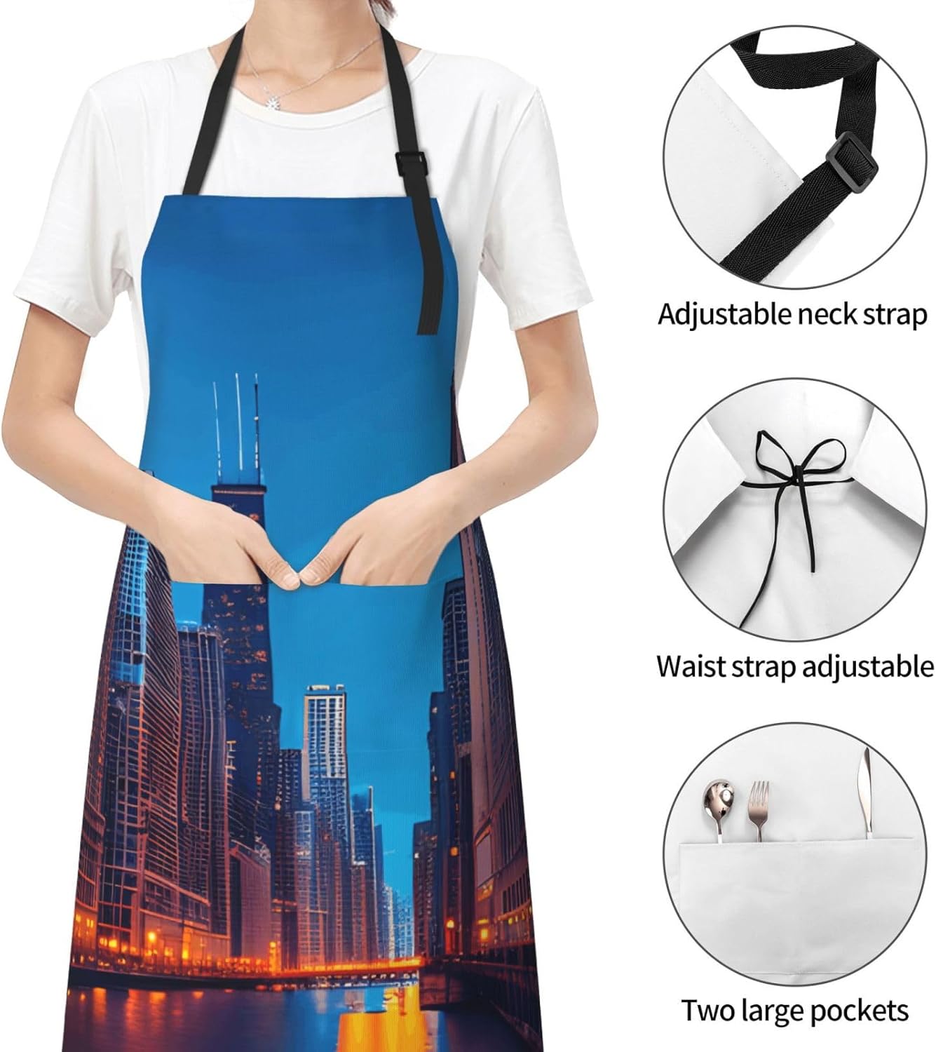 YANYU Chicago Night Print 28x33 In Kitchen Apron Stylish Chef Apron with Pockets for Cooking Baking Painting