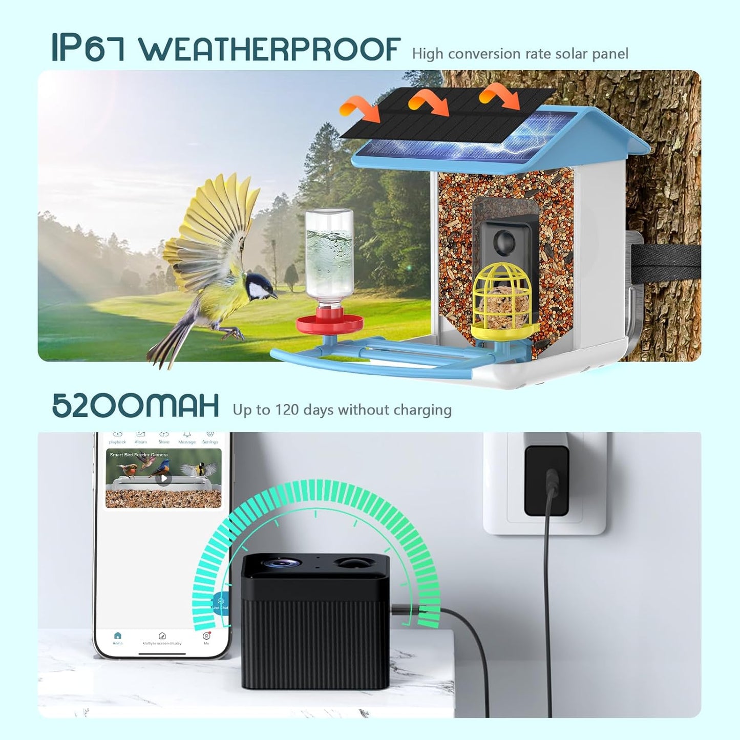 Bird Feeder with Camera, Free AI Forever for 11,000+ Species, 64G TF Card & 1080P HD, Solar-Powered Wireless Outdoor Design, App Alerts & Two-Way Audio for Garden (Sky Blue)
