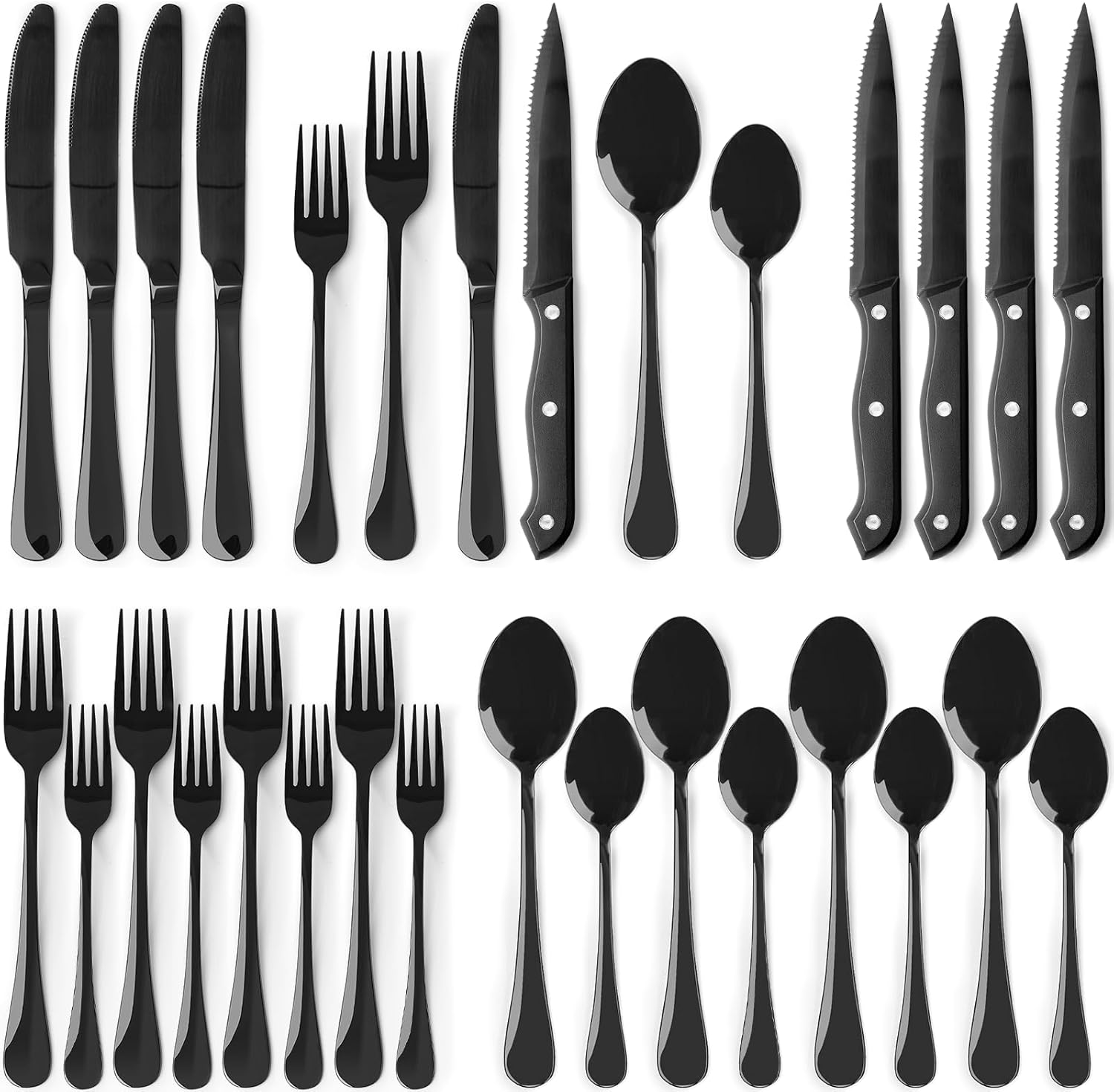Astercook 스테이크 나이프가 있는 24피스 블랙 실버웨어 세트, 식기 세트, 식품 등급 스테인리스 스틸 커틀러리 세트 