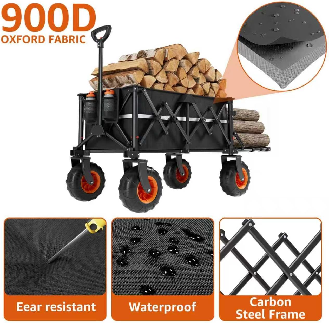 Collapsible Wagon Heavy Duty Foldable 200L Large Garden Utility Cart, 10" Big Wheels All Terrain, 800lbs Collapsible Wagons Carts with Extended Tailgate for Camping Beach