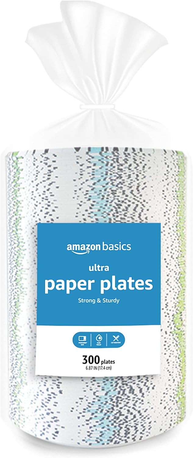 Amazon Basics Ultra Paper Plates, 6.87 Inch, Disposable, 600 Count (2 Pack of 300), Microwave-Safe, Soak Proof, Cut Resistant