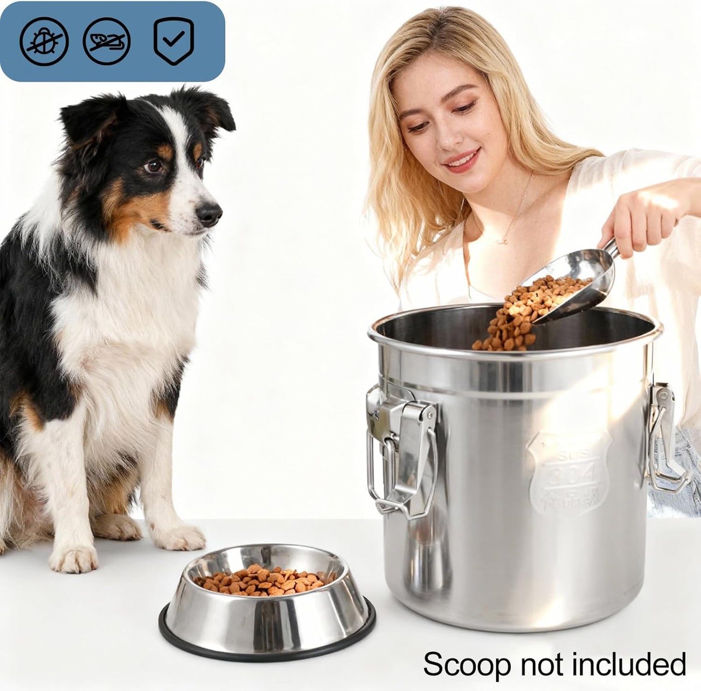Stainless Steel Dog Food Storage Containers with Airtight Lid and Locking Clamp, Fits up to 12Lbs, Large Pet Food Storage Container Metal Pet Food Bin for Dogs, Cats & Birds Seed, Keep Fresh
