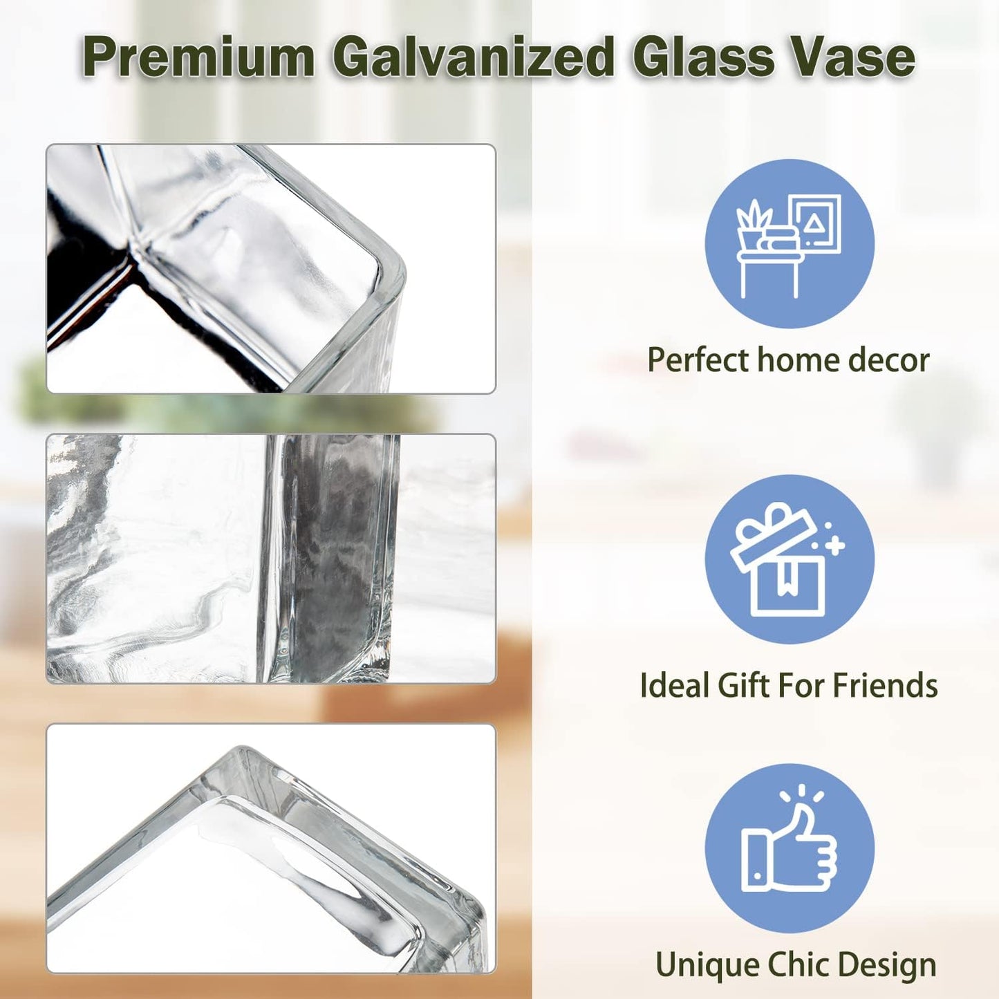 Square Glass Vases 5"x5" Cube Galvanized Vase Planter Candle Holder for Home Office Centerpiece Garden Wedding Party Decor, Set of 4