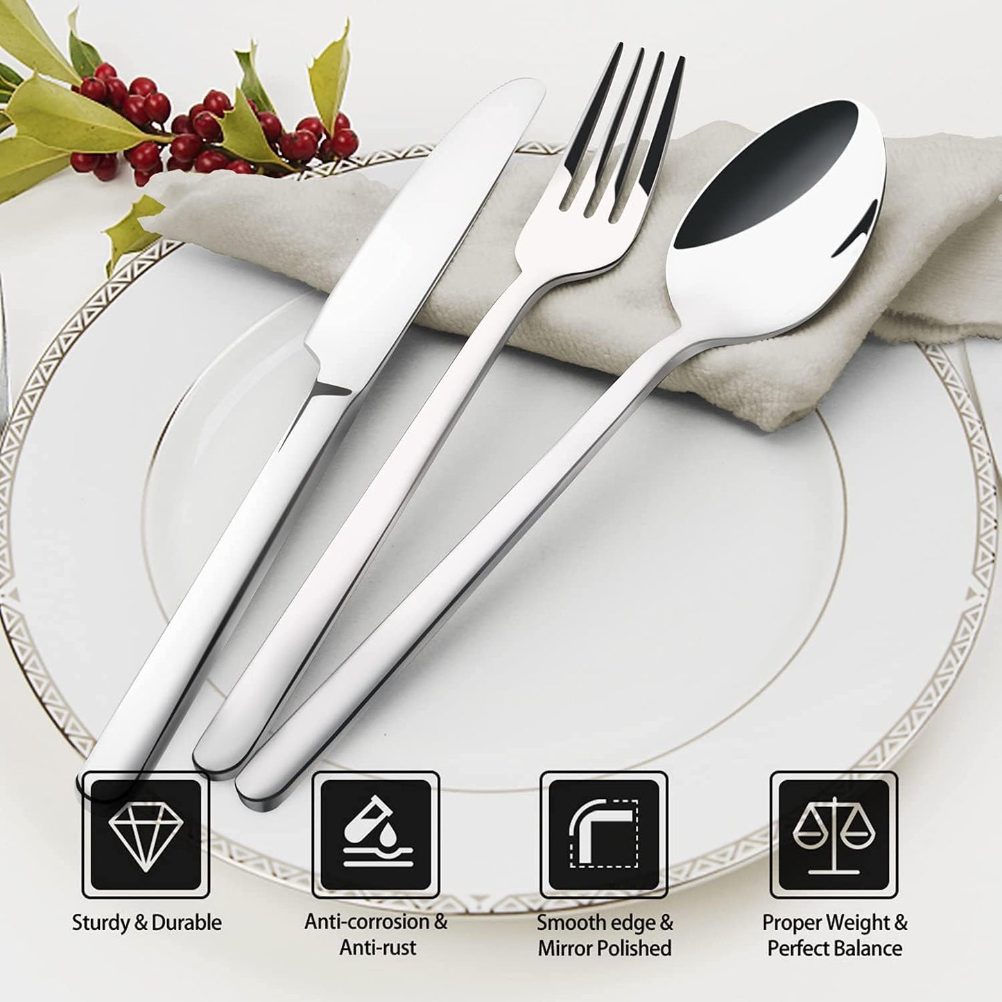 KINGSTONE Silverware Set, 20 Piece Flatware Cutlery Set for 4, 18/10 S