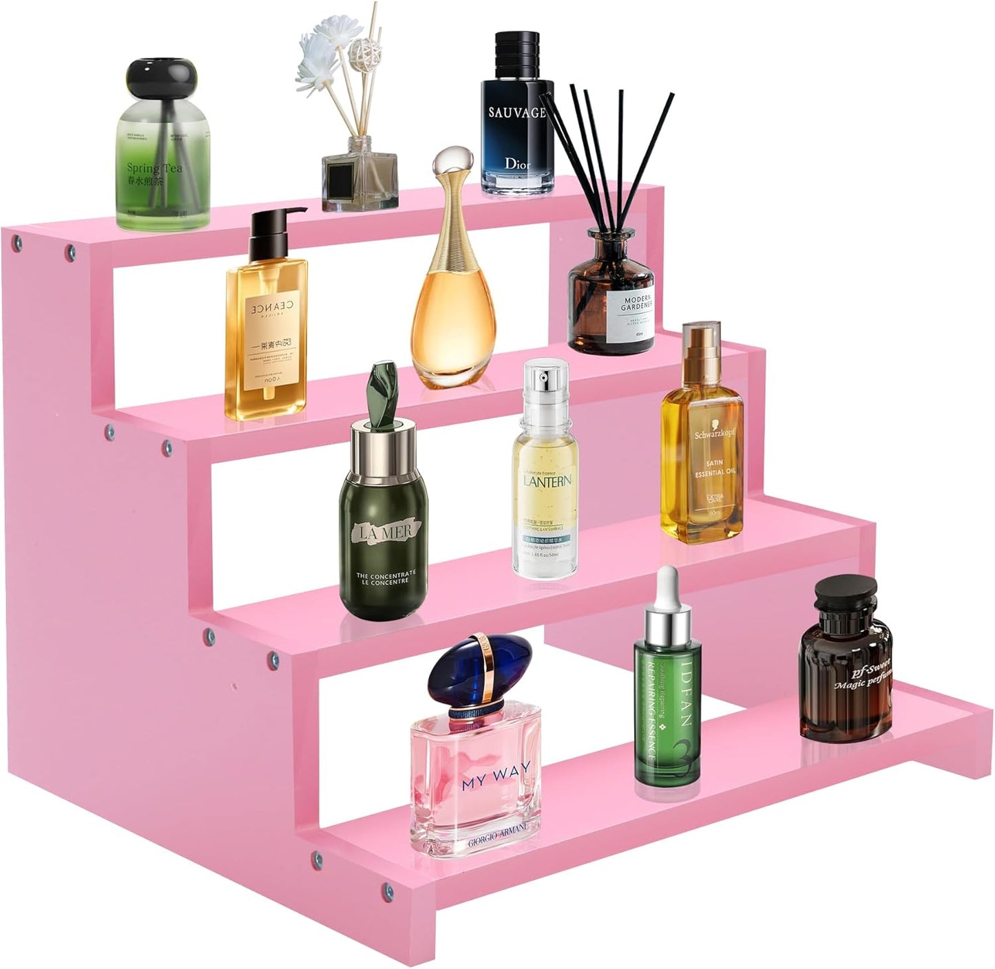 Wooden Perfume Stand for Women 4 Tier Pink Perfume Organizer Stand Perfume Display Shelf & Holder for Women’s Dresser & Vanity Desktop Rack for Fragrance Figures Dessert Cupcakes Decoration