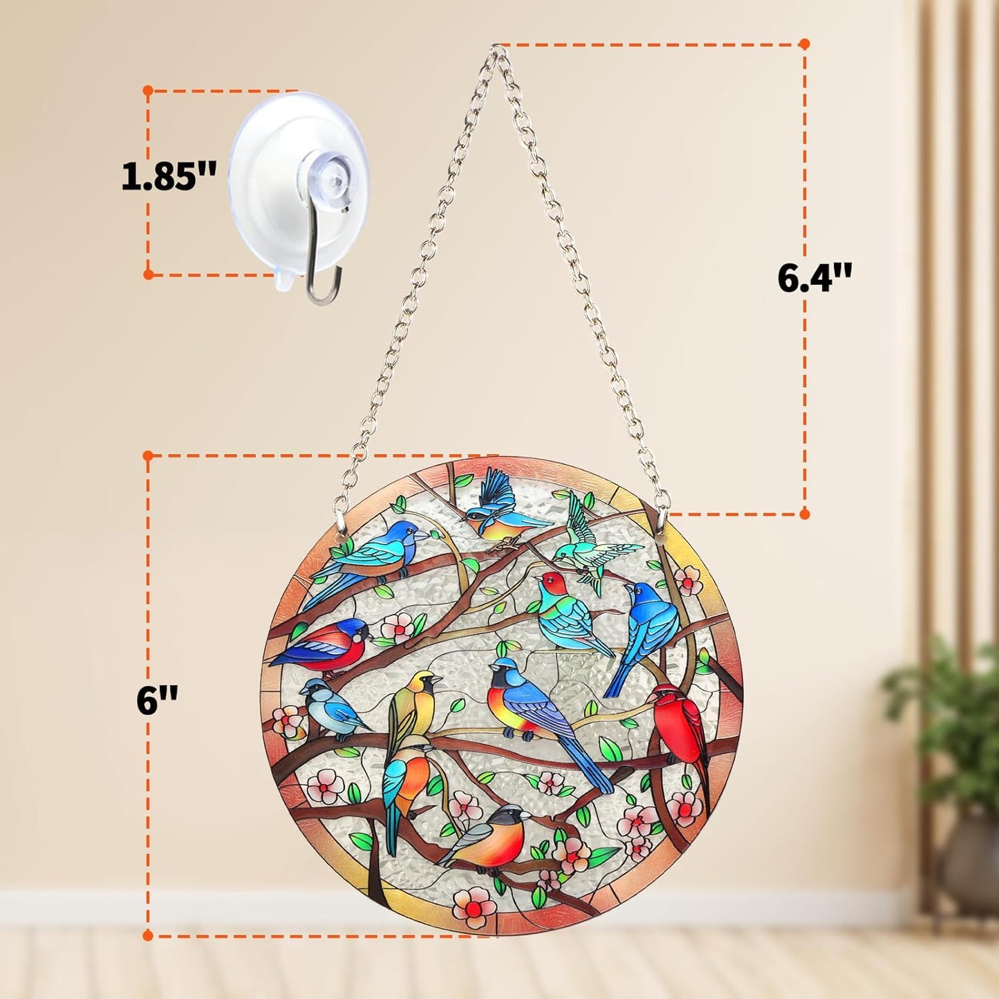 Stained Glass Window Hanging Suncatcher – Hand-Drawn Cardinal & Hummingbird Panel, Round Glass Ornament, Birds on a Branch Nature Decor, Colorful Gift for Bird Lovers, Family, and Friends (6 inch)