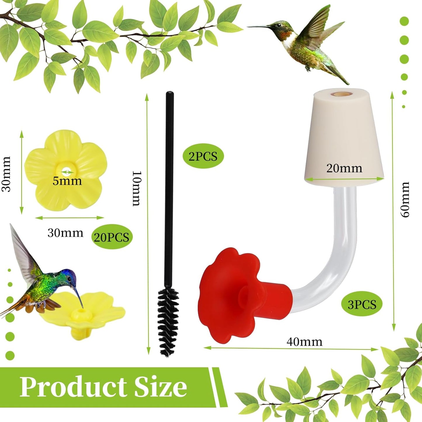 3PCS Hummingbird Feeder Parts, Humming Bird Feeder Replacement Parts, Comes with 20PCS Hummingbird Flowers and 2PCS Brushes, Suitable for DIY to Make Your Own Bird Feeder