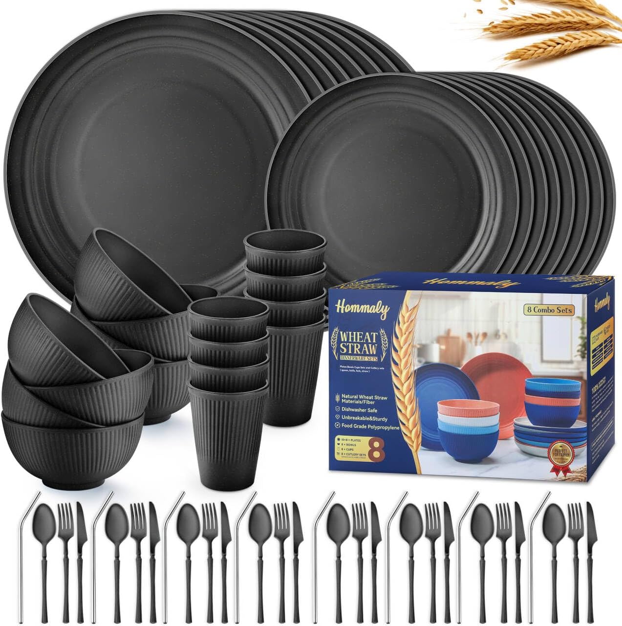 Wheat Straw Dinnerware Sets,64-Piece Black Plates and Bowls Sets for 8