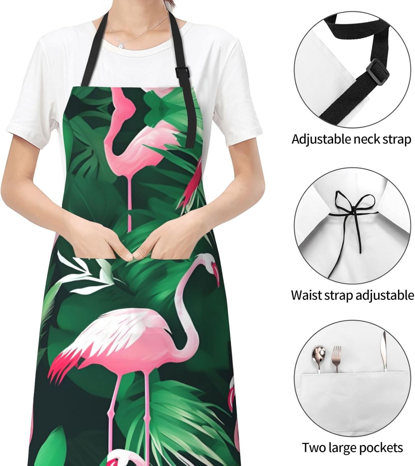 Flamingo bird green leaf print Waterproof chef's apron with pocket apron for kitchen cooking baking barbecue and gardening