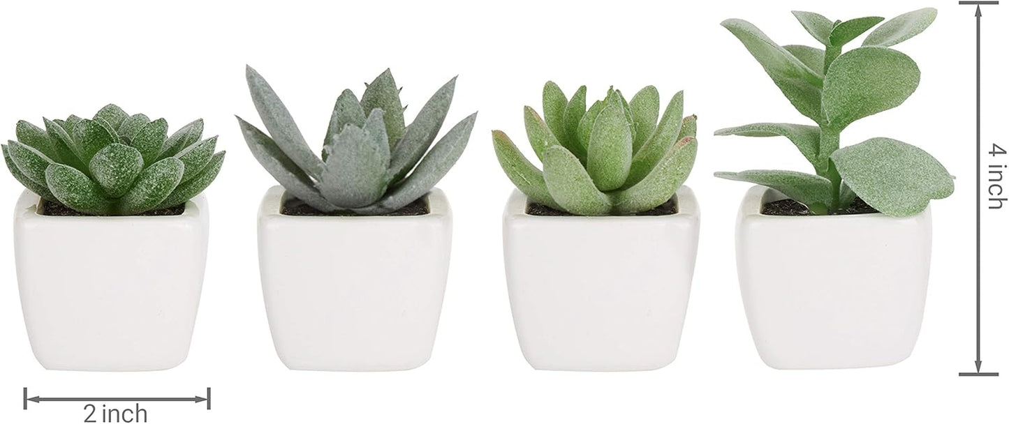 MyGift Set of 4 Mini Assorted Green Decorative Artificial Succulent Plants in Square White Glazed Ceramic Planter Pots