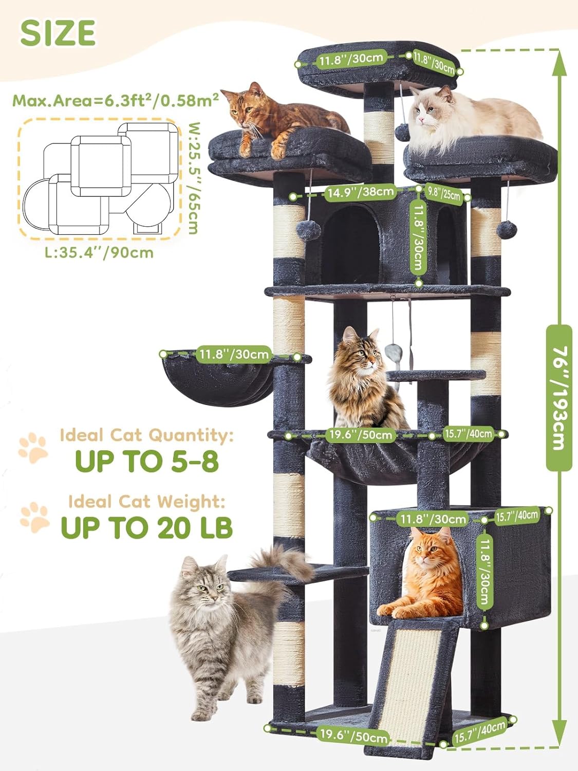 Taoqimiao 76-Inch Cat Tree XXL for Large Cats, Giant Cat Tower with Sc