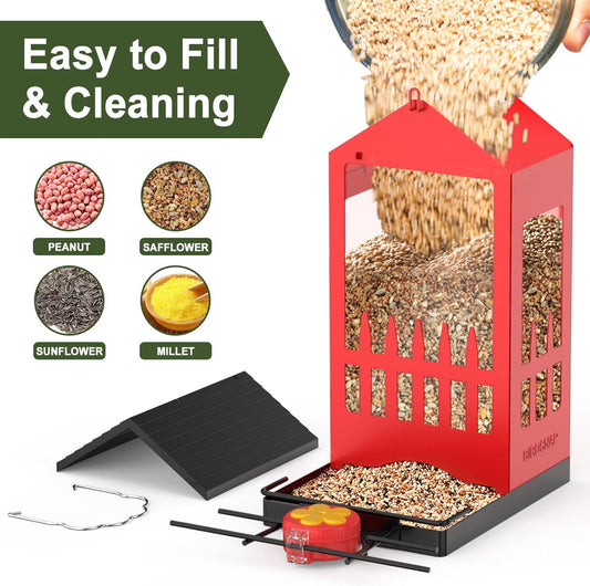 birdsnap® PHE - Bird Feeder House, 3.4L Metal Bird Feeders for Outside Hanging, 2-in-1 Hummingbird Feeder Weatherproof Large Capacity for Garden Feather Watching