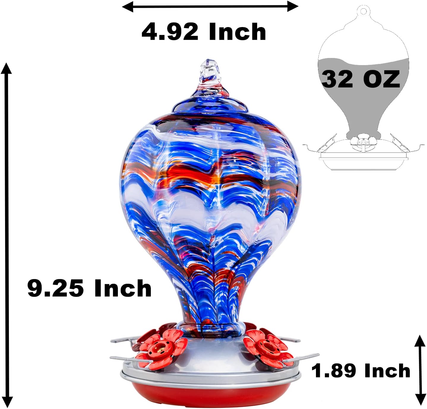 Muse Garden 32OZ Hummingbird Feeders Blown Glass Hummingbird Feeder, Garden Backyard Decor for Outside, Navy Blue