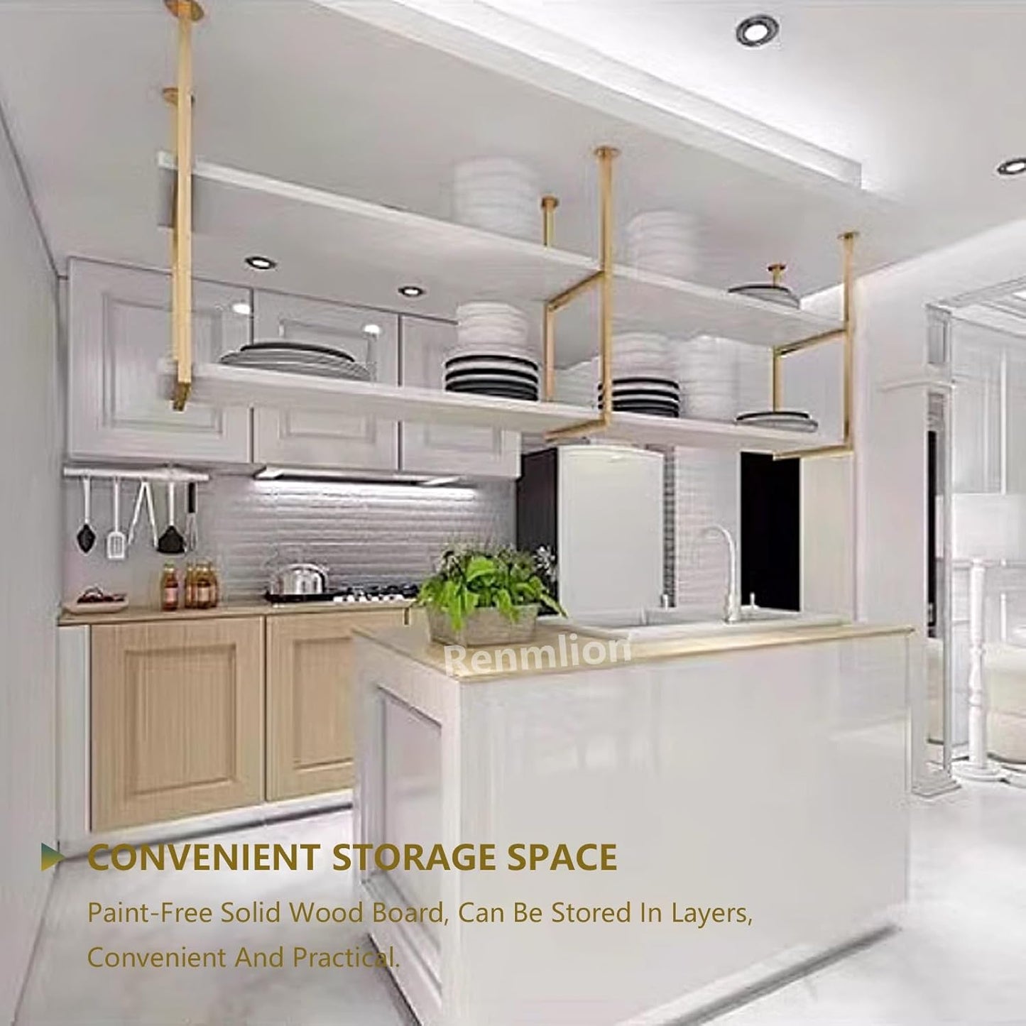 Ceiling Hanging Shelves, Gold 2 Tiers Shelf Floating Kitchen Pot Pan S