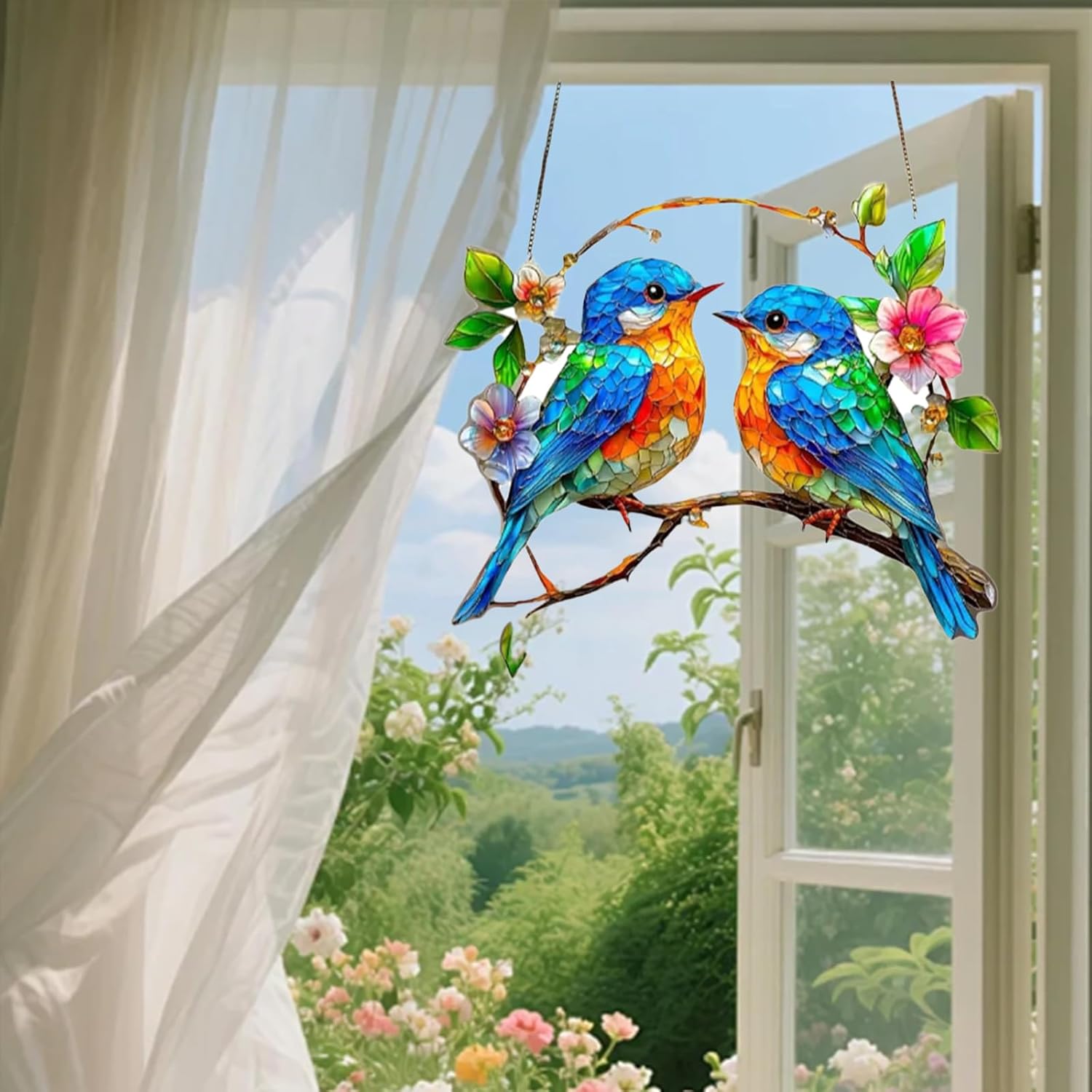 Hummingbird on Branch Suncatcher Stained Glass Window Hanging Hand-Pai