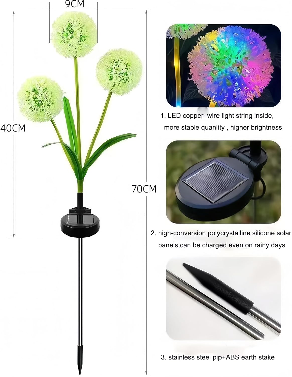 Dandelion Solar Garden Lights, 3-Head 2-Pack - Upgraded Outdoor Flower Lights, Color-Changing Waterproof Solar Outdoor Lights, Suitable for Pathways, Gardens, patios, backyards, Parties (Colored)