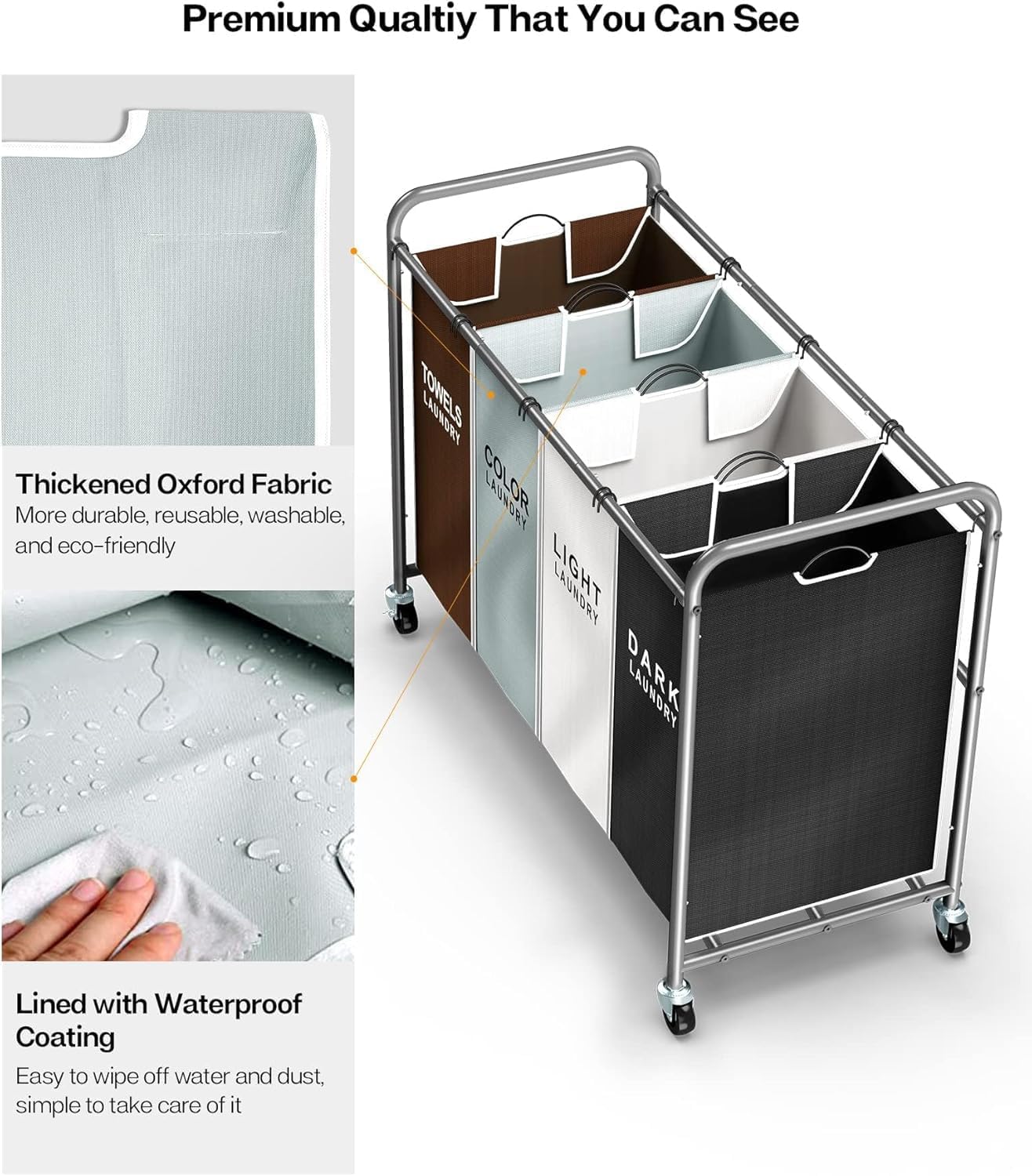 ROMOON Laundry Hamper Sorter Cart: 4-Section Organizer with Heavy-Duty Lockable Wheels and Removable Bags | 172L Rolling Laundry Basket for Dirty Clothes in Laundry Room or Small Spaces (Multicolor)