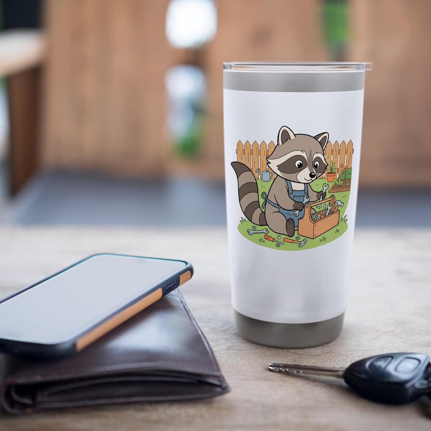 Cute Raccoon Mechanic With Toolbox In Garden Stainless Steel Insulated