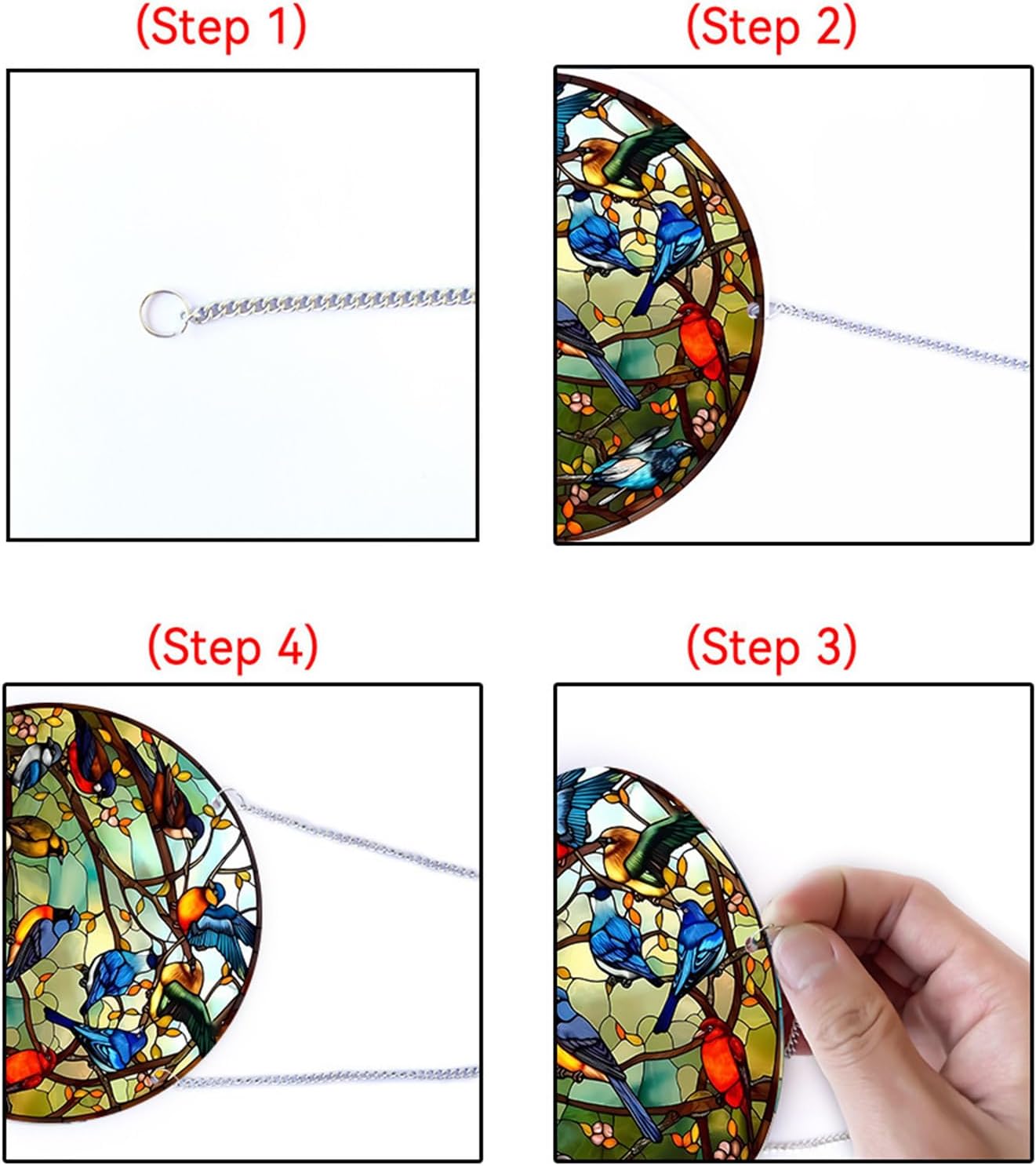 Stained Glass Window Hanging Suncatcher – Paint Cardinal & Hummingbird Panel, Round Glass Ornament, Birds on a Branch Nature Decor, Colorful Gift for Bird Lovers, Family, and Friends 5.9x5.9 in