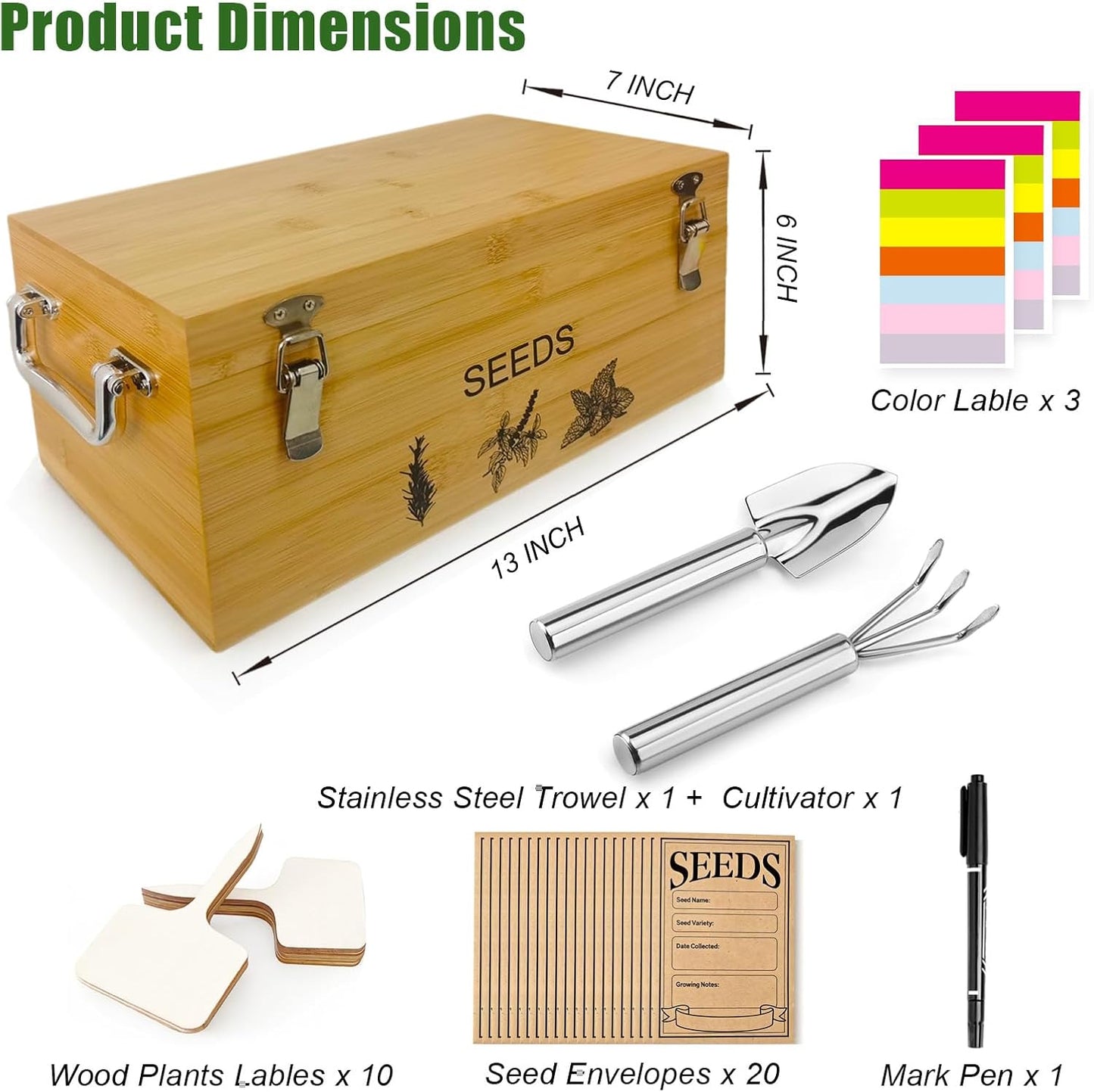 Natural Bamboo Seed Storage Organizer Box – Large Seeds Saver Kit Included Stainless Steel Garden Tools, 20 Seed Envelopes, 10 Wooden Plant Labels, Mark Pen & 3 Color Stickers