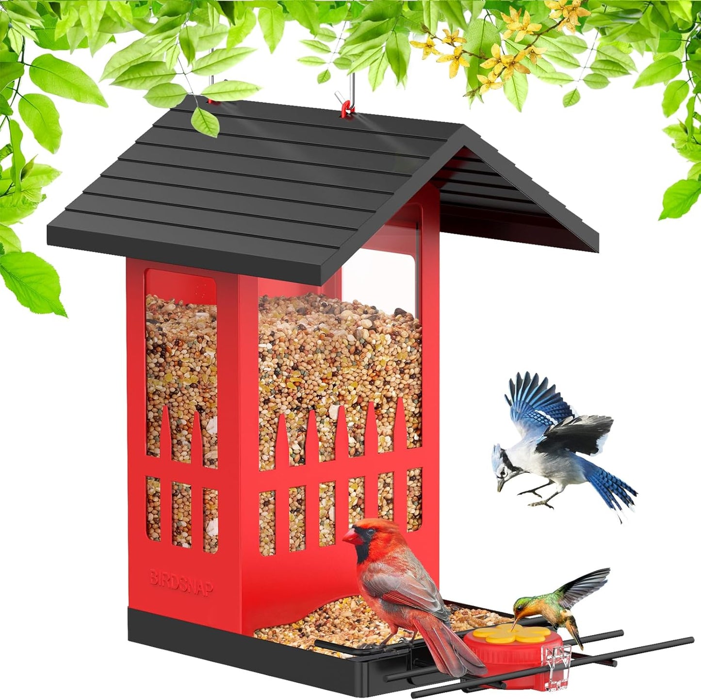 birdsnap® PHE - Bird Feeder House, 3.4L Metal Bird Feeders for Outside Hanging, 2-in-1 Hummingbird Feeder Weatherproof Large Capacity for Garden Feather Watching