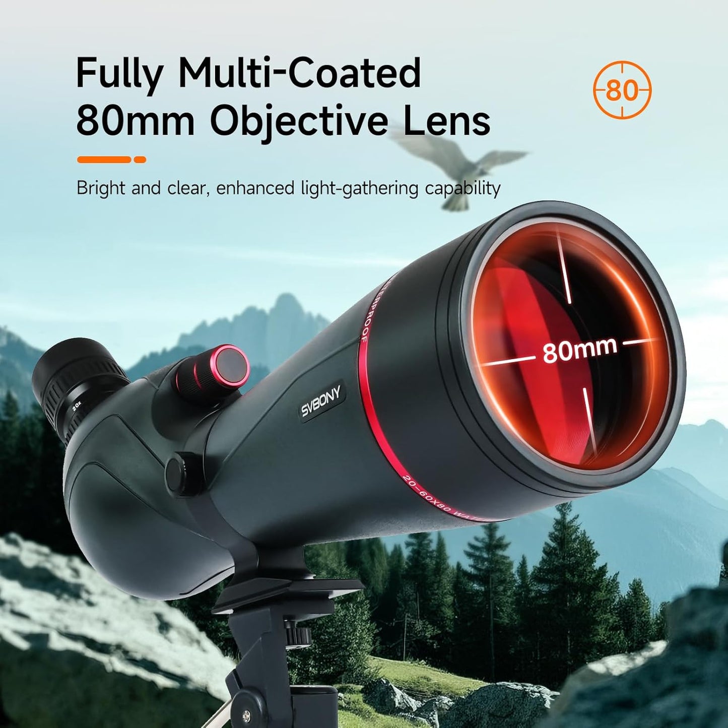 SVBONY SV406 20-60x80 Spotting Scope with Tripod, HD Optical System with BAK4 Prism, Waterproof & Fogproof, 1.25'' Removable Eyepiece, Spotting Scopes for Target Shooting, Bird Watching