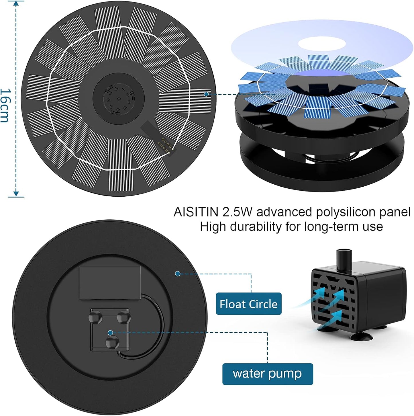 AISITIN Solar Fountain Pump 2.5W, 6.7" Solar Powered Water Fountain Pump for Bird Bath, solar pump for fountain with 6 Nozzles for Garden, Ponds, Pool, Fish Tank, Outdoor and Aquarium