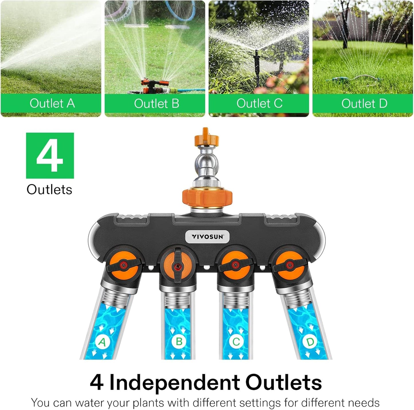 VIVOSUN Garden Hose Splitter 4 Way, Heavy Duty Water Hose Connector 3/