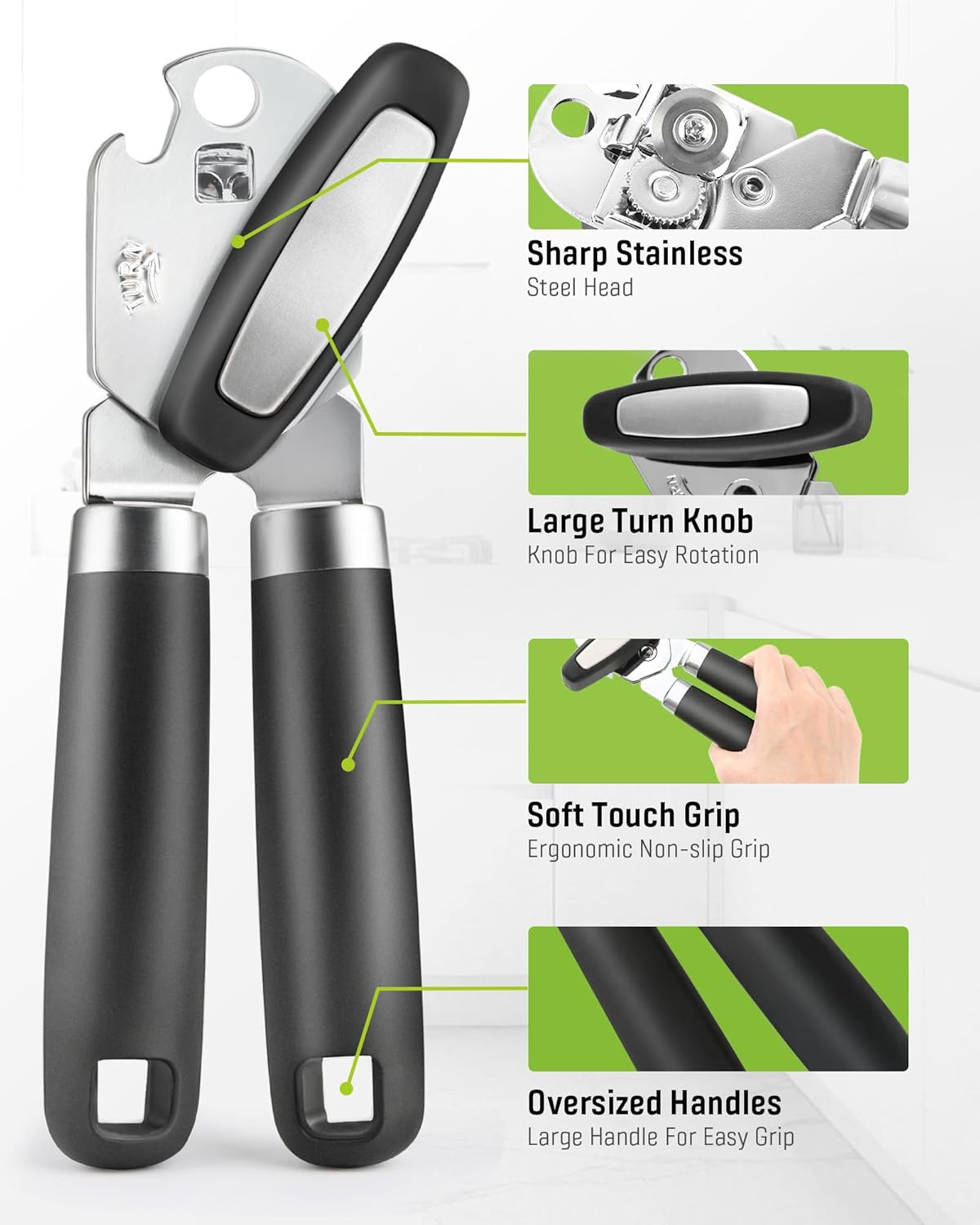 Multifunctional Can Opener Manual, Durable Heavy Duty Handheld Strong Can Opener with Smooth Cutting Edge, Friendly Kitchen Essentials Tool for Seniors, Camping and Bottle Opening-Black