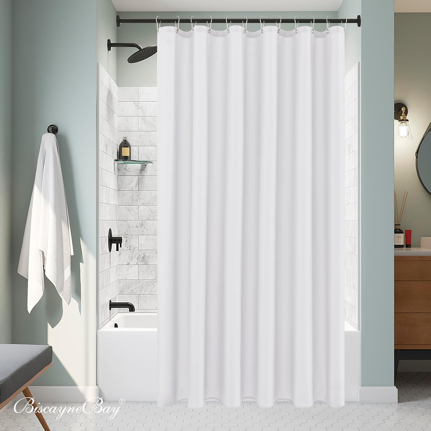 Biscaynebay Hotel Quality Fabric Shower Curtain Liners 72" X 72", White Water Resistant Bathroom Curtains Rust Resistant Grommets Weighted Bottom Hem Machine Washable
