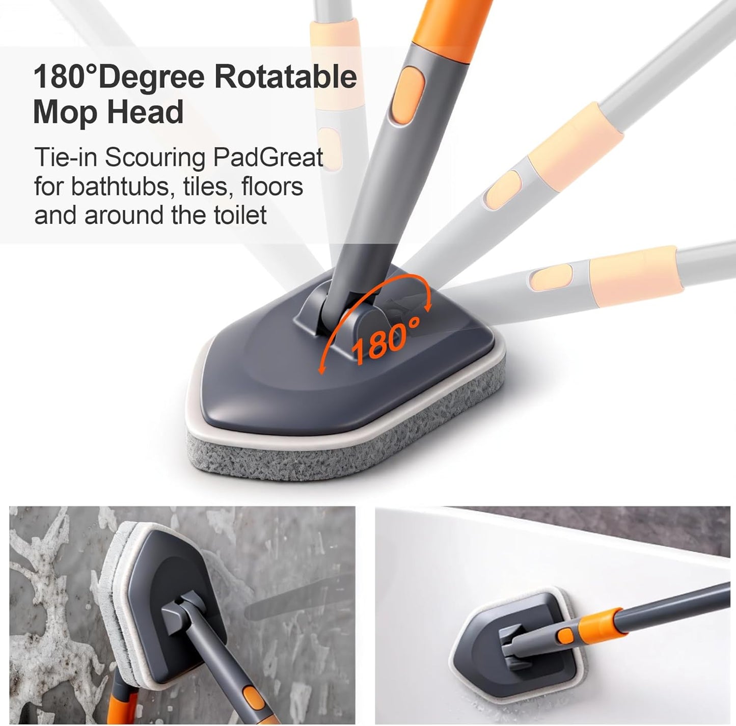 Tile Tub Scrubber Brush with 3 Different Function Cleaning Heads and 56" Extendable Long Handle-No Scratch Shower Scrubber for Cleaning Bathroom Kitchen Toilet Wall,Bathtub,Sink,Grey