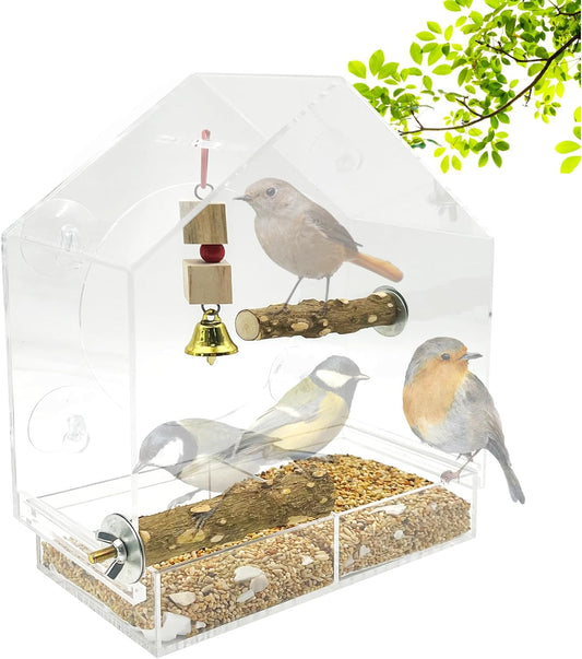 SNAIL GARDEN 9" Large Window Bird Feeder with 1pcs Nibbling Wood Strin