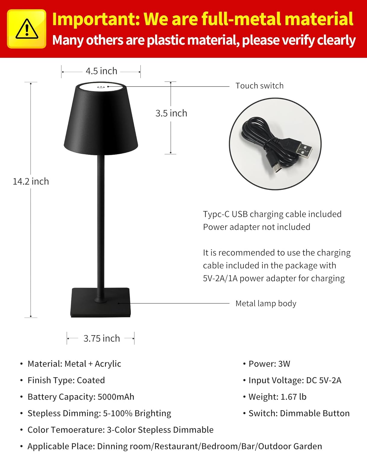 KDG 2 Pack Cordless Table Lamp, Portable LED Desk Lamps, 5000mAh Batte
