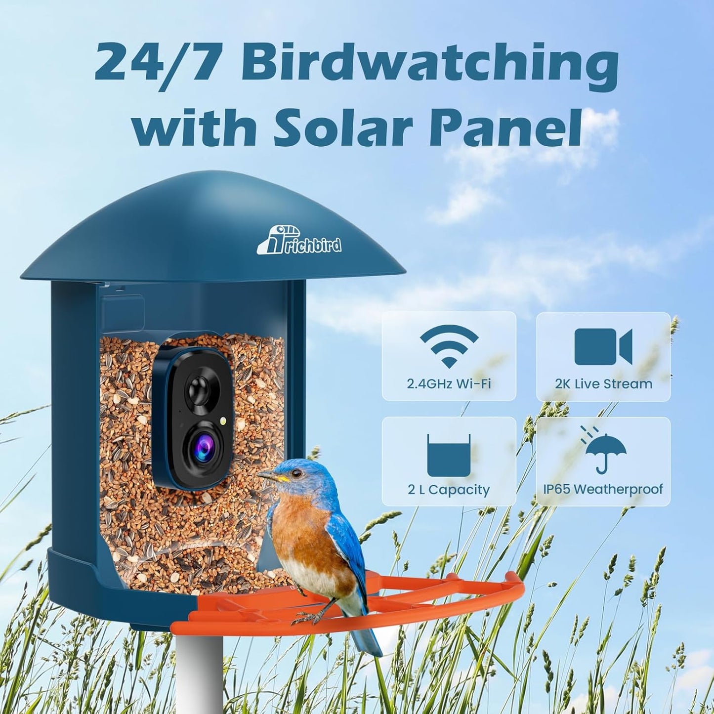 Smart Bird Feeder with Camera, 2K HD Birdwatching Camera with AI Identify Bird Species & Solar Panel, Auto Video Capture & Instant Notifications, Ideal Gifts for Lover, Deep Blue
