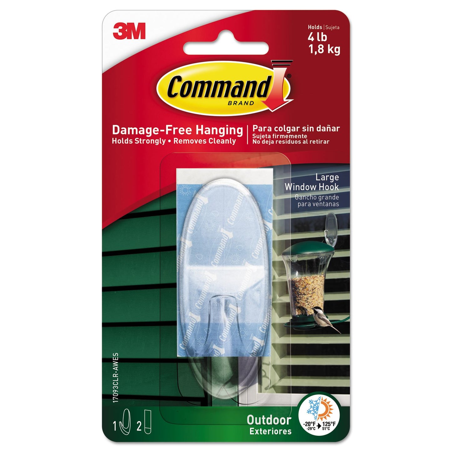 Command Outdoor Large Clear Wall Hooks, 1 Hook and 2 Command Strips, D