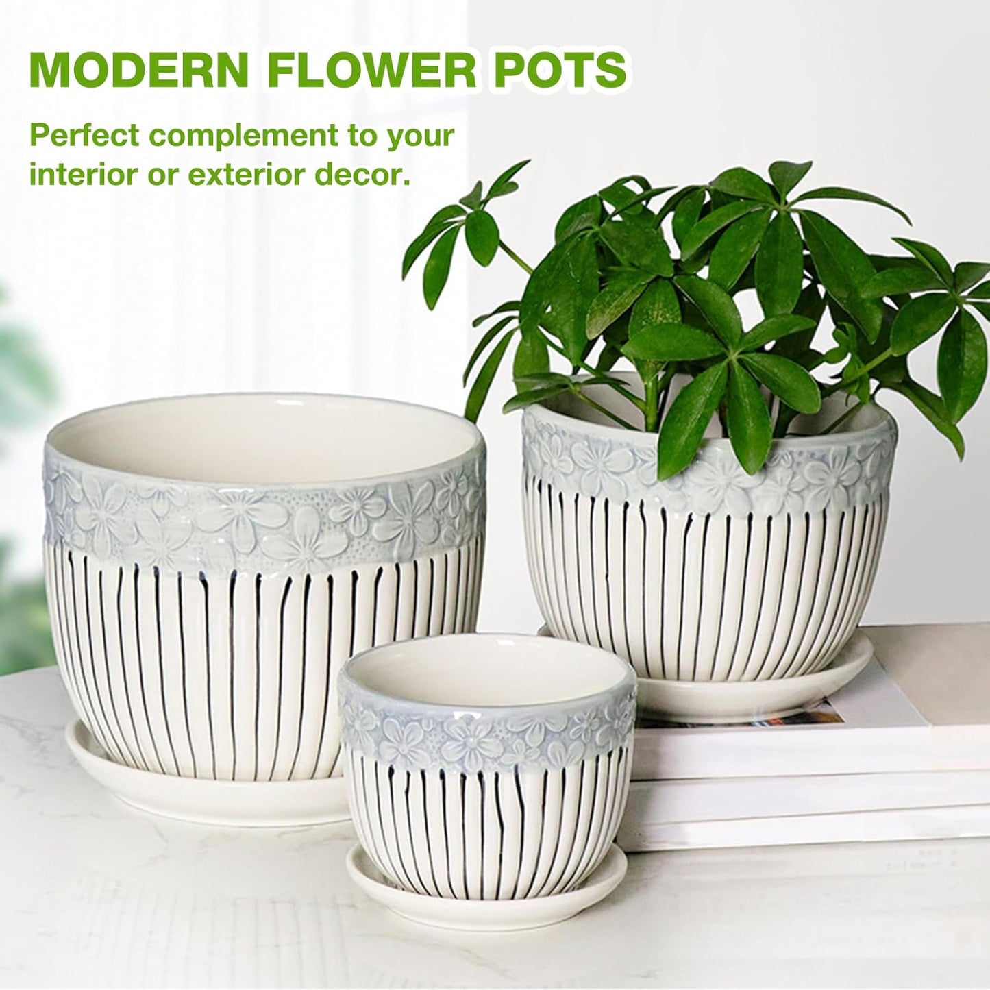 Ceramic Plant Pots Set of 3, 6.75/5.6/4.2 inch Planters with Drainage 